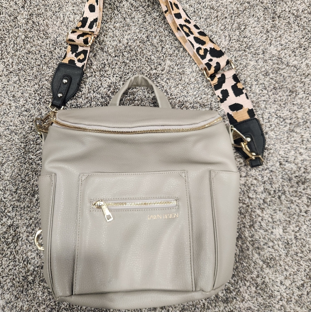 Fawn Design Taupe Backpack with Animal Print Strap